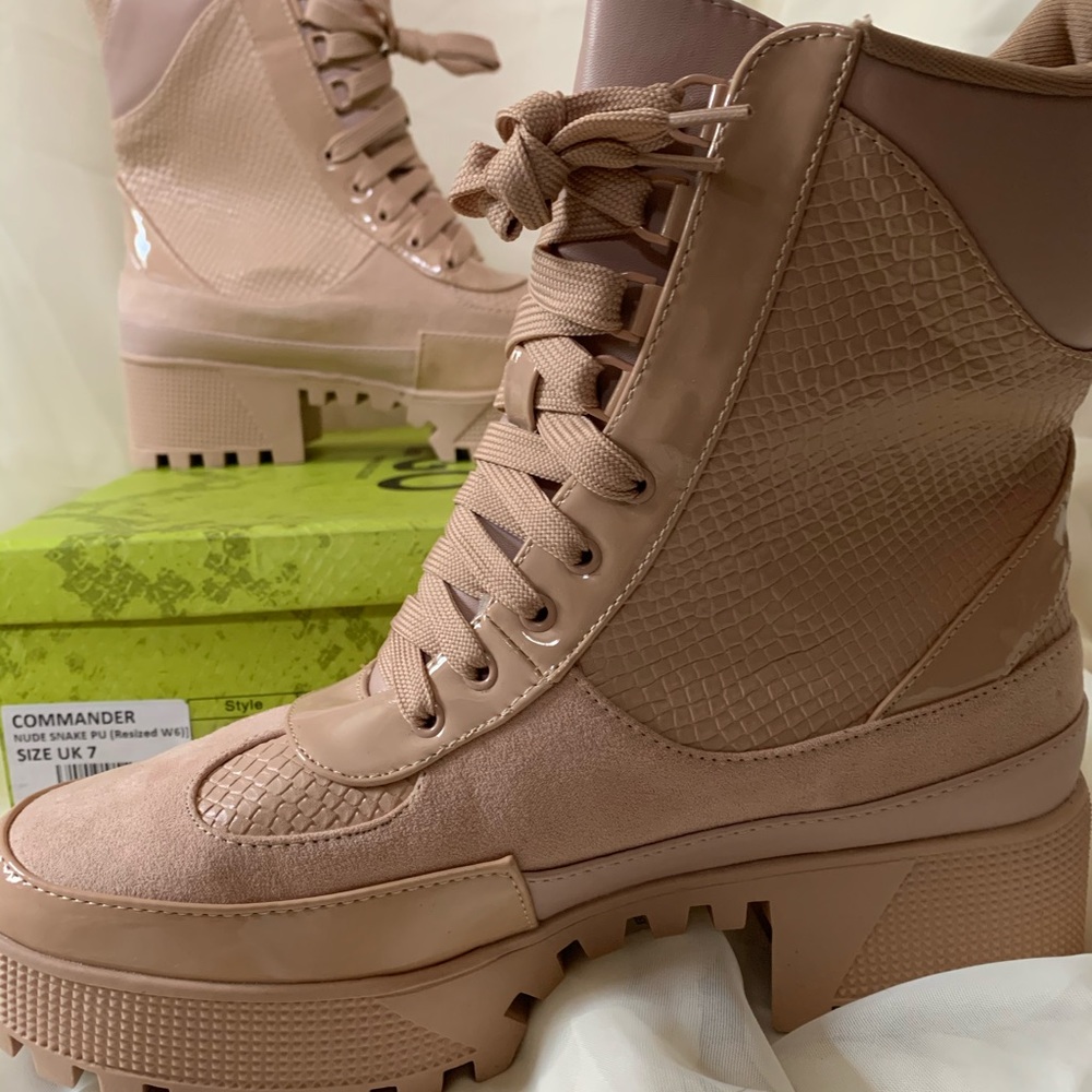 Pink Faux Snake Print Leather Combat Boots heels - Picture 8 of 8